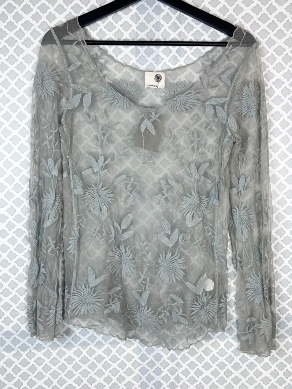 NWT Anthropologie Everleigh Mint Snow Blossom Sheer Embroidered Long-Sleeve Top